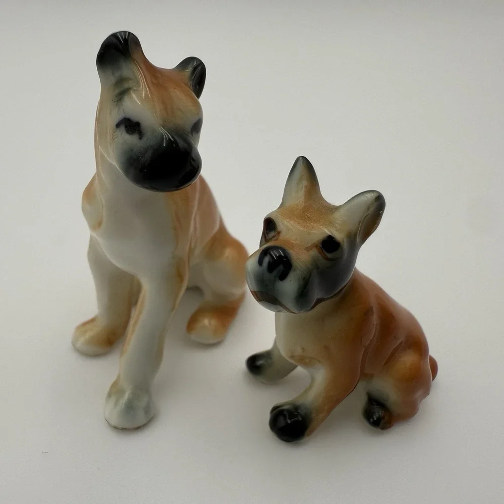 Miniature Bone China Boxer Family‎ Figurines Dog Puppies Vtg Figurines Set of 2